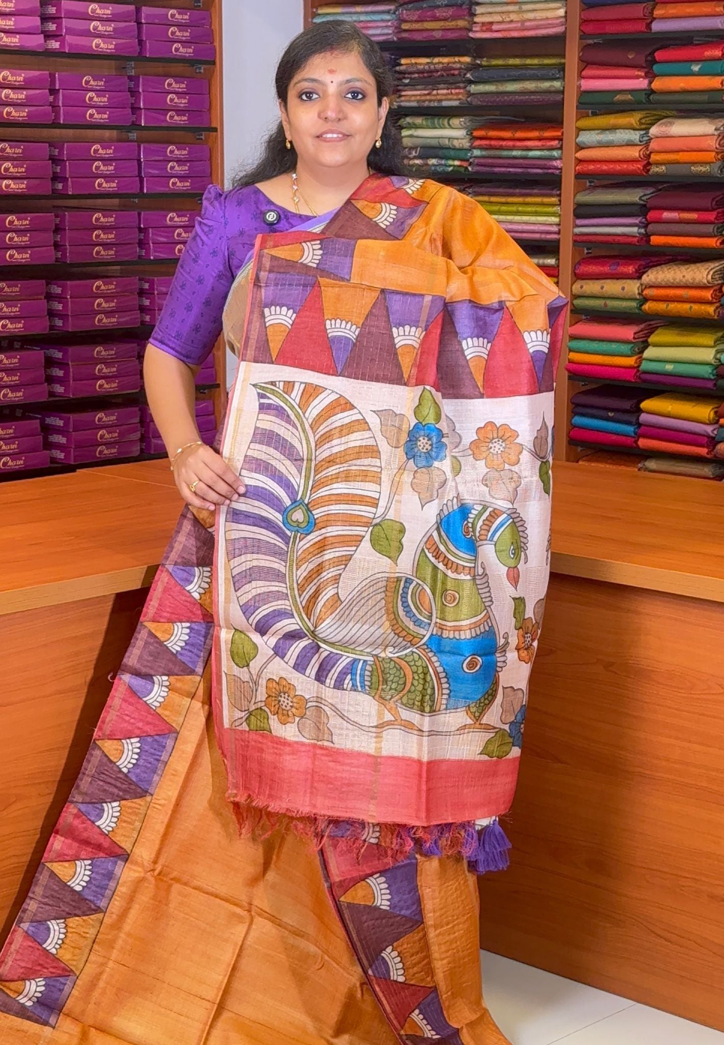 Pure Tussar Saree-Pale Orange with Triangle Border
