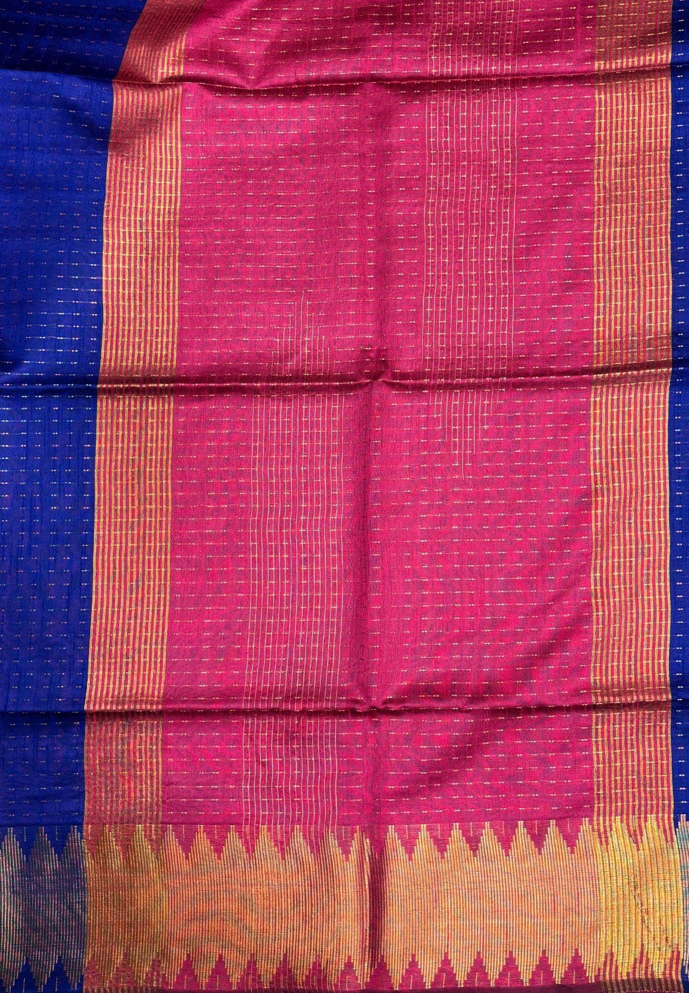 Semi Raw Silk Saree-Blue In Zigzag Zari With Contrast Border