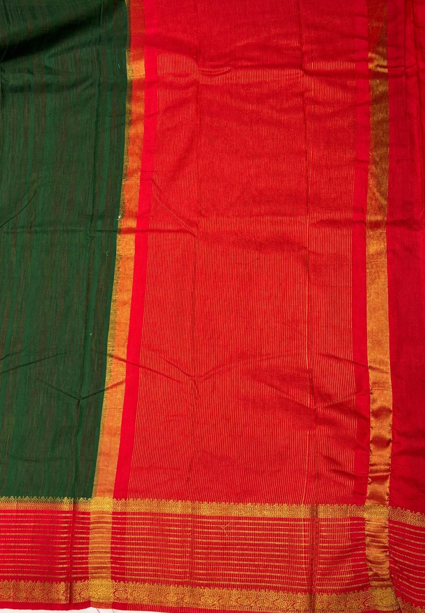 Raw Silk Saree-Dark Green With Contrast Border