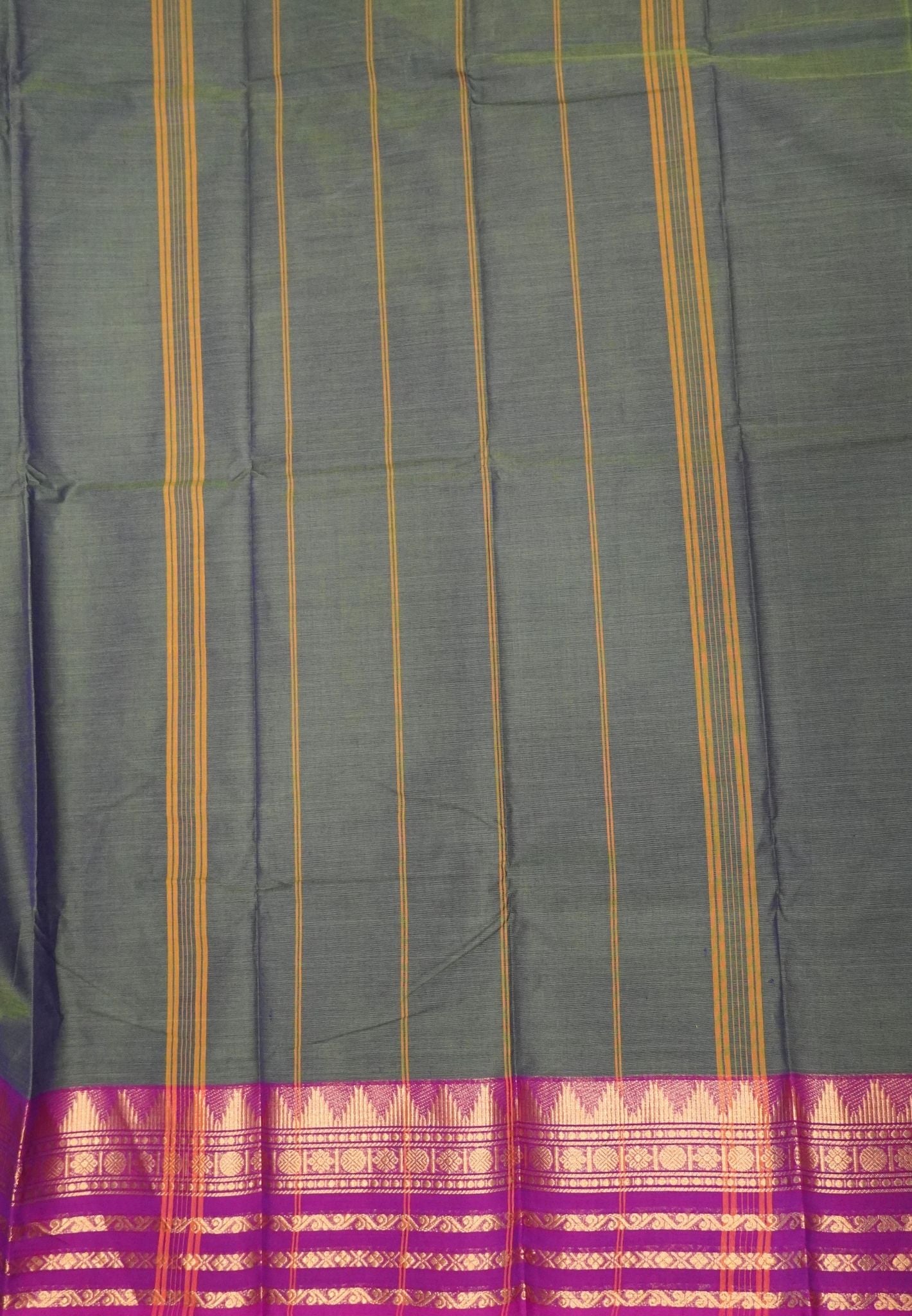 Kanchi Cotton Saree-Army Green-Magenta With Temple Zari Border