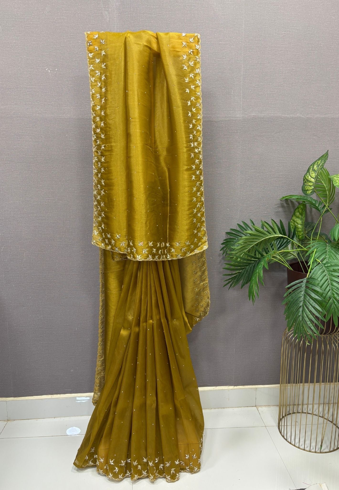 Designer Saree-Gold with Mirror Work