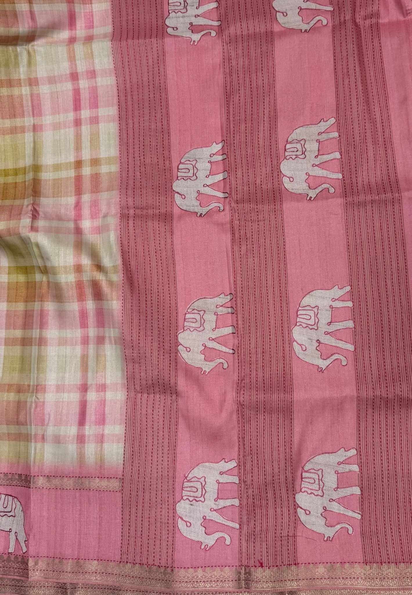 Soft Tussar Saree-Baby Pink In Checkered Patten With Elephant Embroidery
