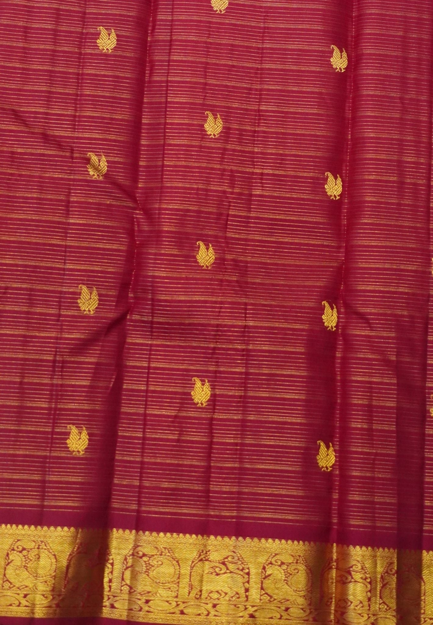 Pure Kanchipuram Silk Saree-Red Vairaoosi with Peacock Butta and Border