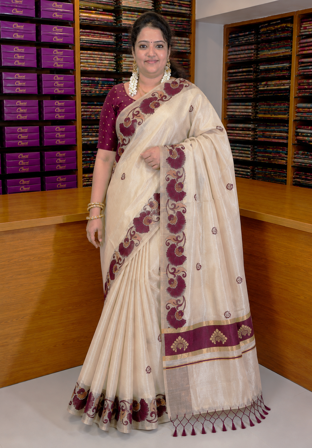 Tissue Silk Saree-Sandal with Kalamkari Border