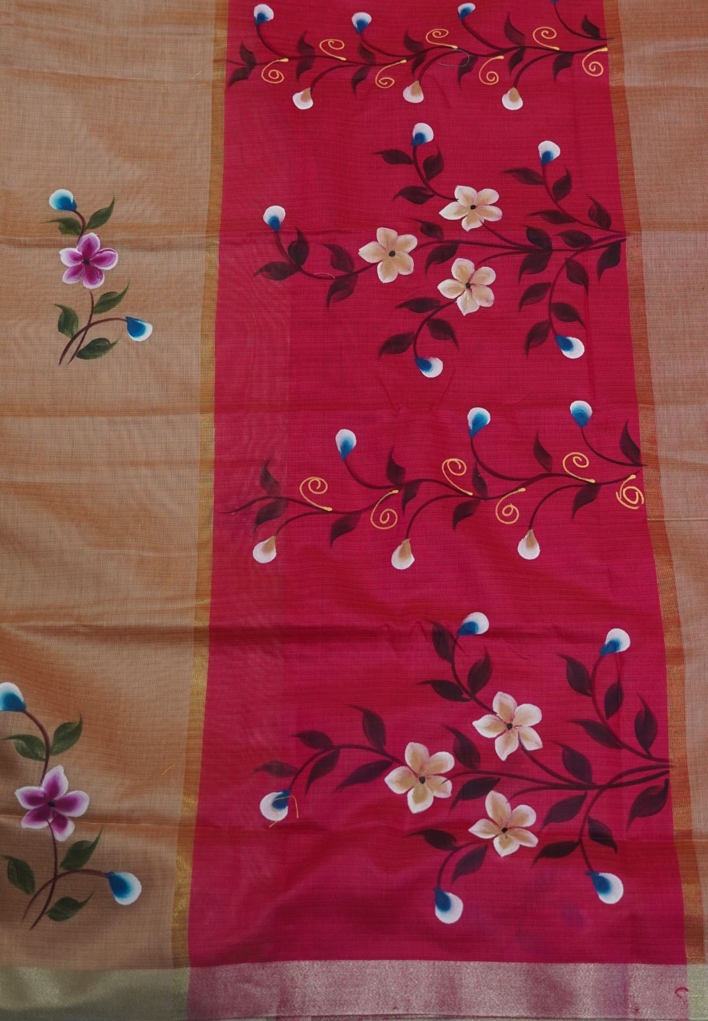 Cora Linen Saree-Beige with Hand Painted Floral Motifs