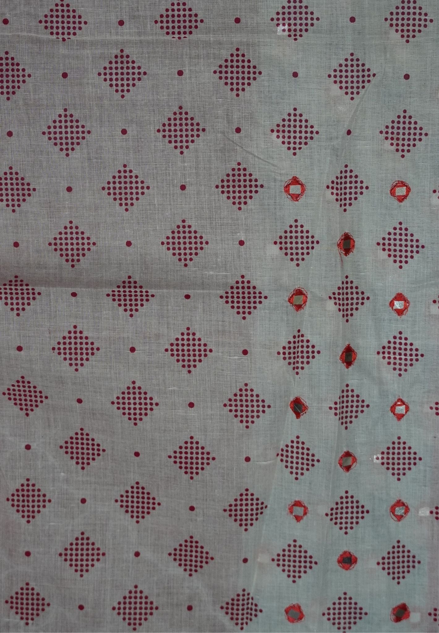 Supernet Kota Cotton Saree-Red with Mirror Work