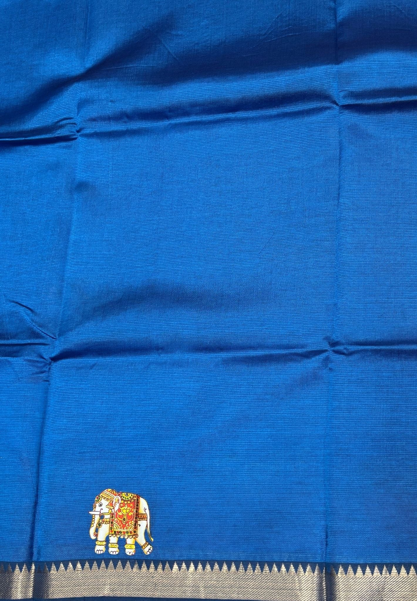 Pure Mangalgiri Silk Saree-Peacock Blue with Tanjore Print