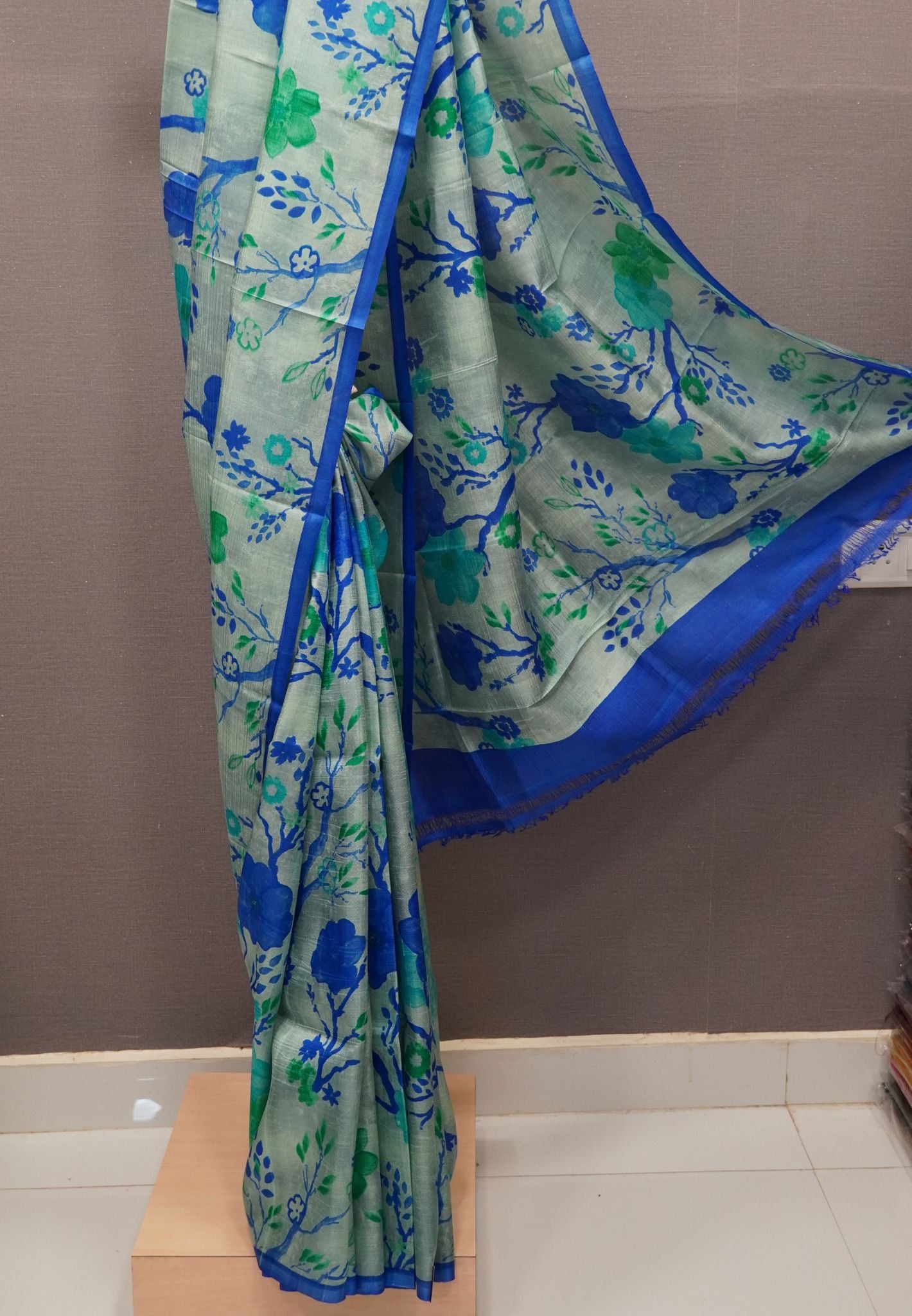Pure Tussar Saree-Water Blue in Hand Paint