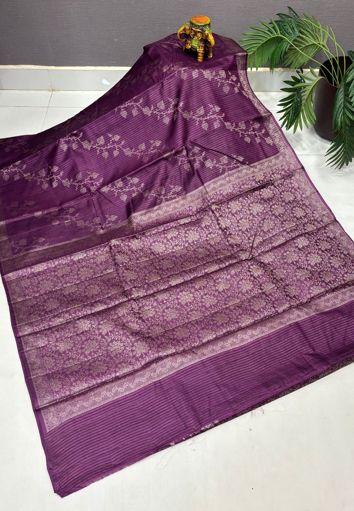 Pure Tussar Saree-Purple in Floral Vine Brocade Border