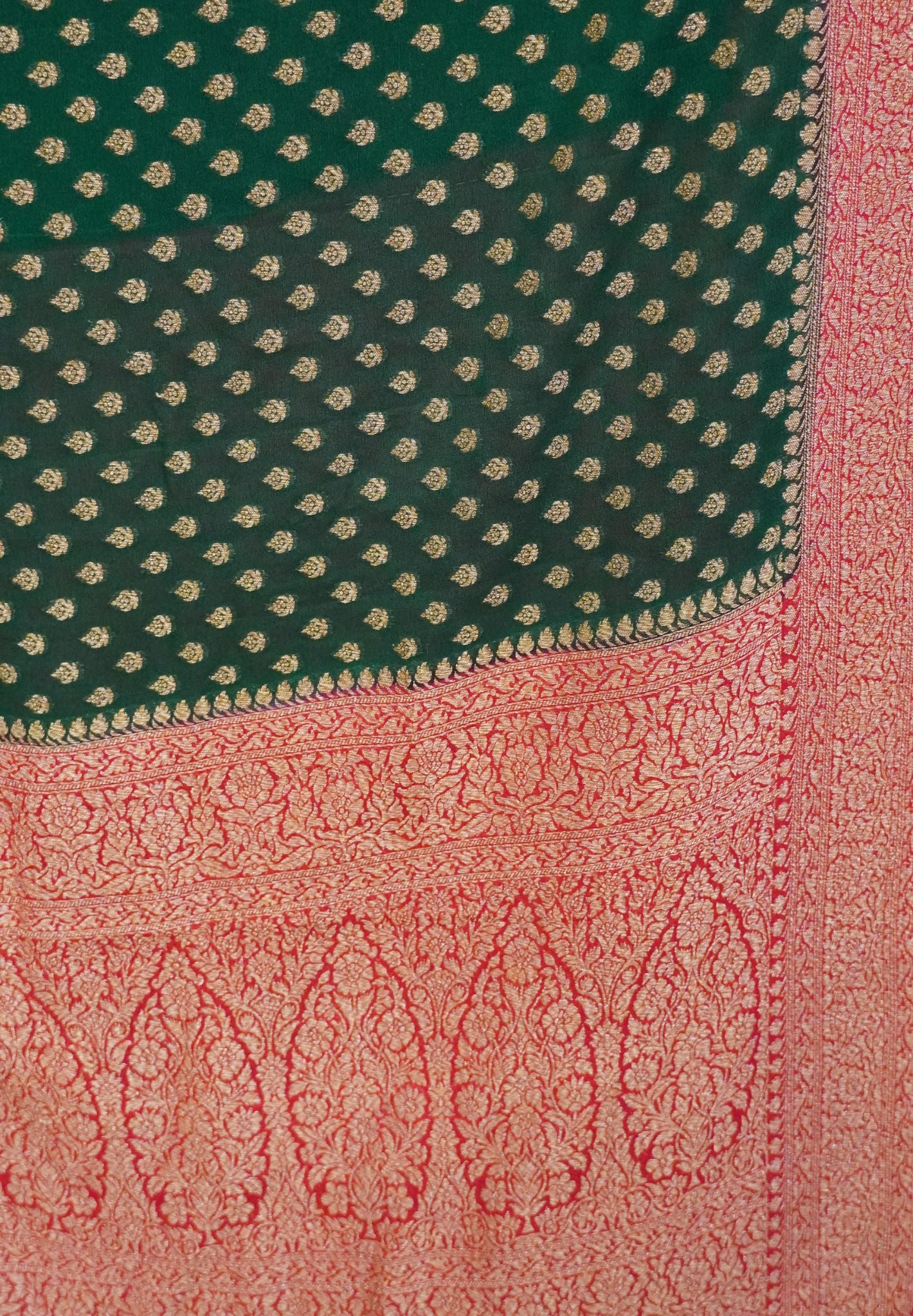 Banarasi Georgette Saree-Bottle Green with Contrast Border