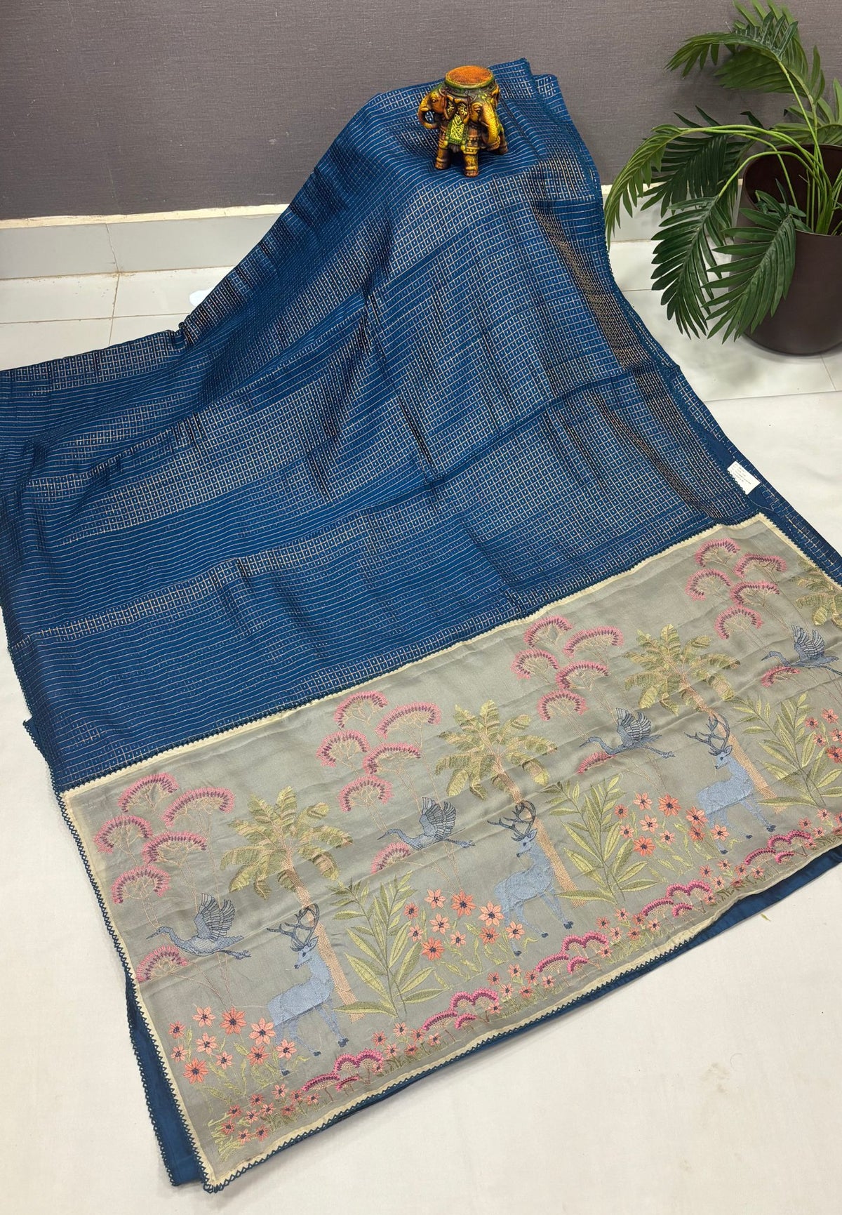 Soft Chiniya Silk Saree-Peacocok Blue in Thousand Butta Deer & Floral Border