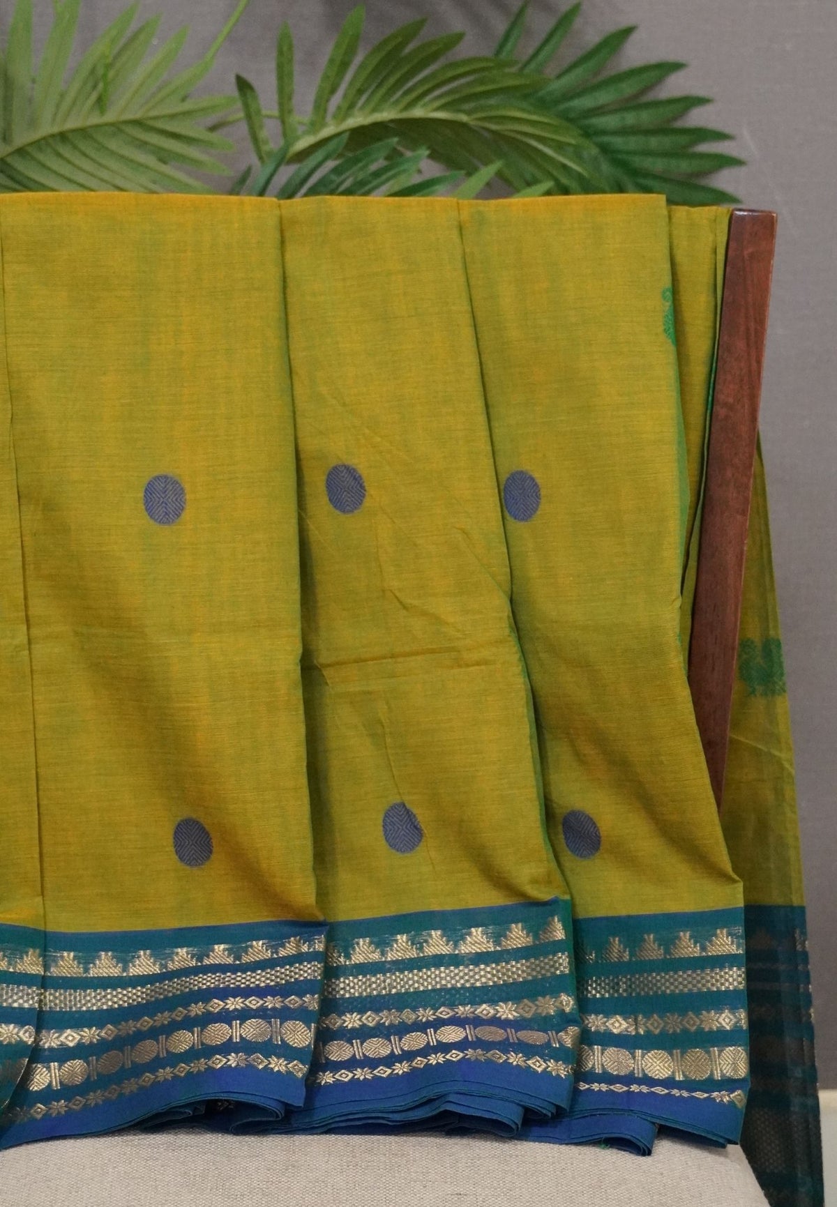 Chettinad Cotton Saree–Golden Green with Temple Zari Border