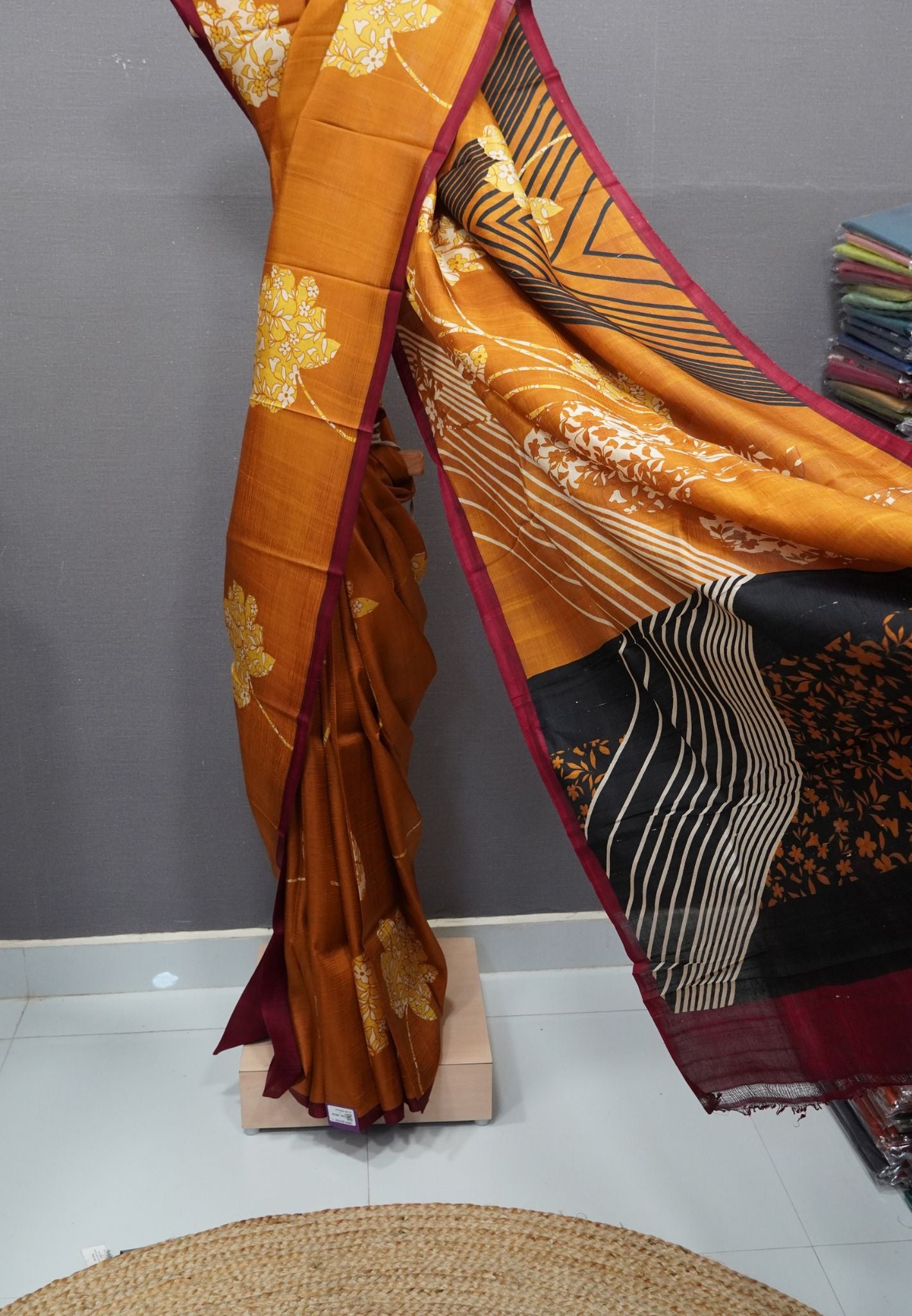 Pure Tussar Saree-Dark Mustard with Contrast Border
