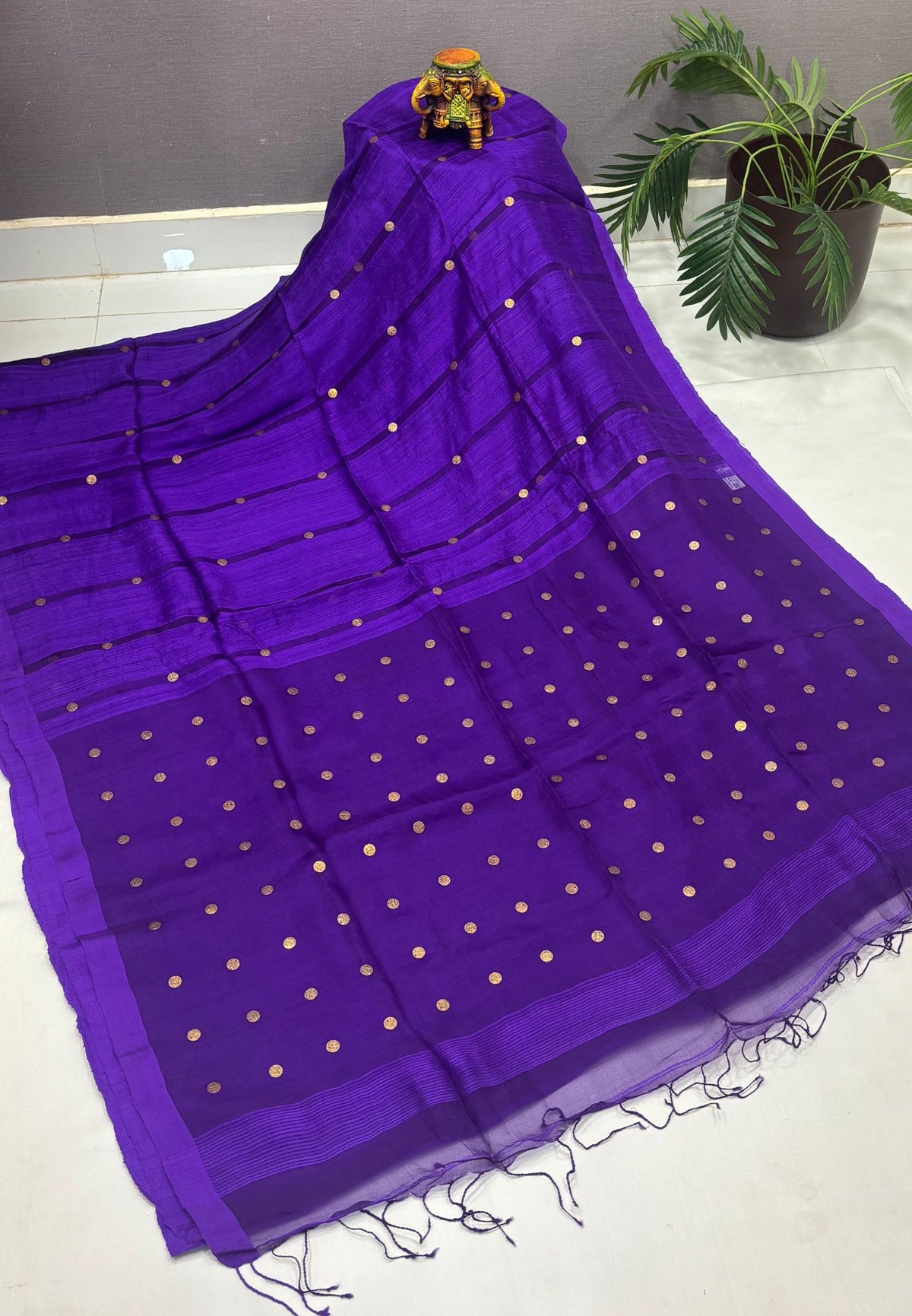 Pure Moonga Cotton Saree-Violet in Coin Butta with Striped Border