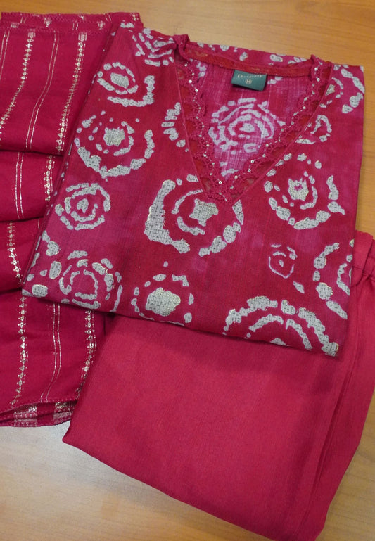 3 Pcs Kurti Set - Dark Pink