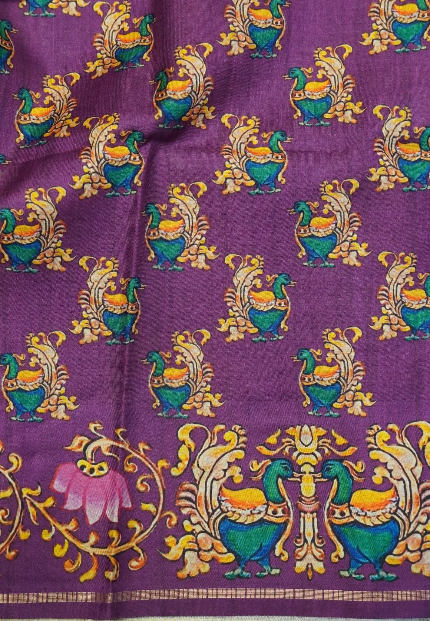 Premium Matka Tussar Saree-Gold with Contrast Border in Tanjore Print