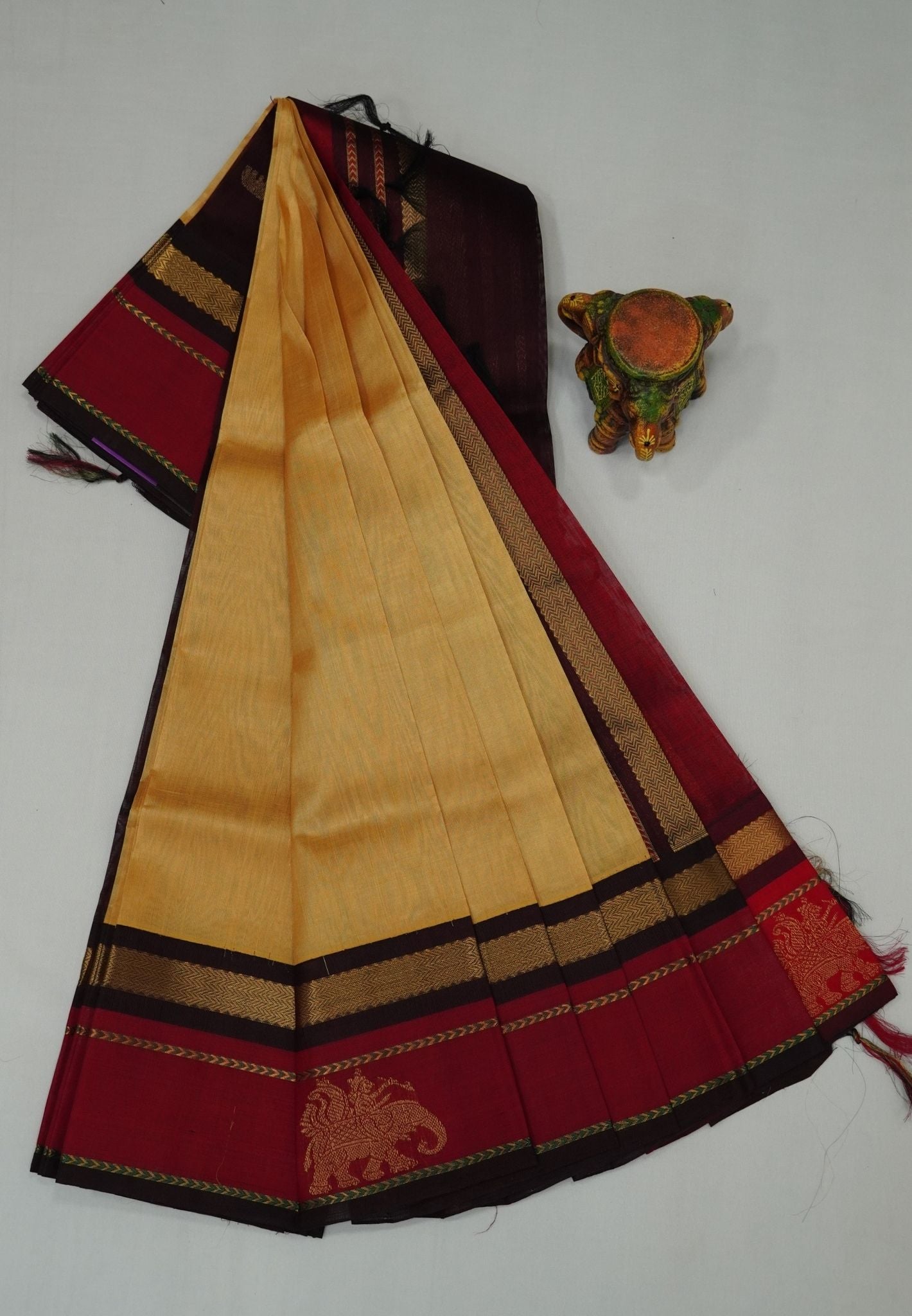 Pure Silk Cotton Saree – Sandal with Maroon Traditional Yali Border