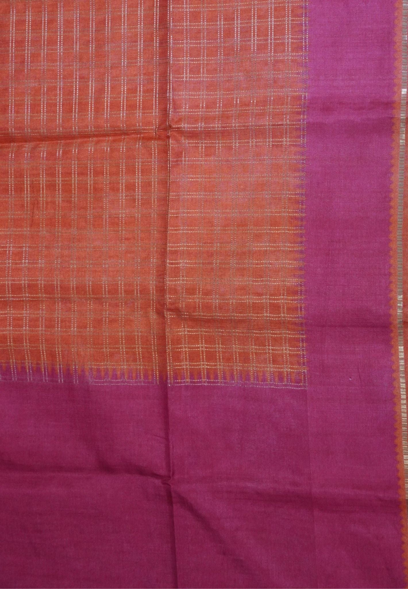 Semi Matka Tussar Saree-Orange with Contrast Border and Zari Checks