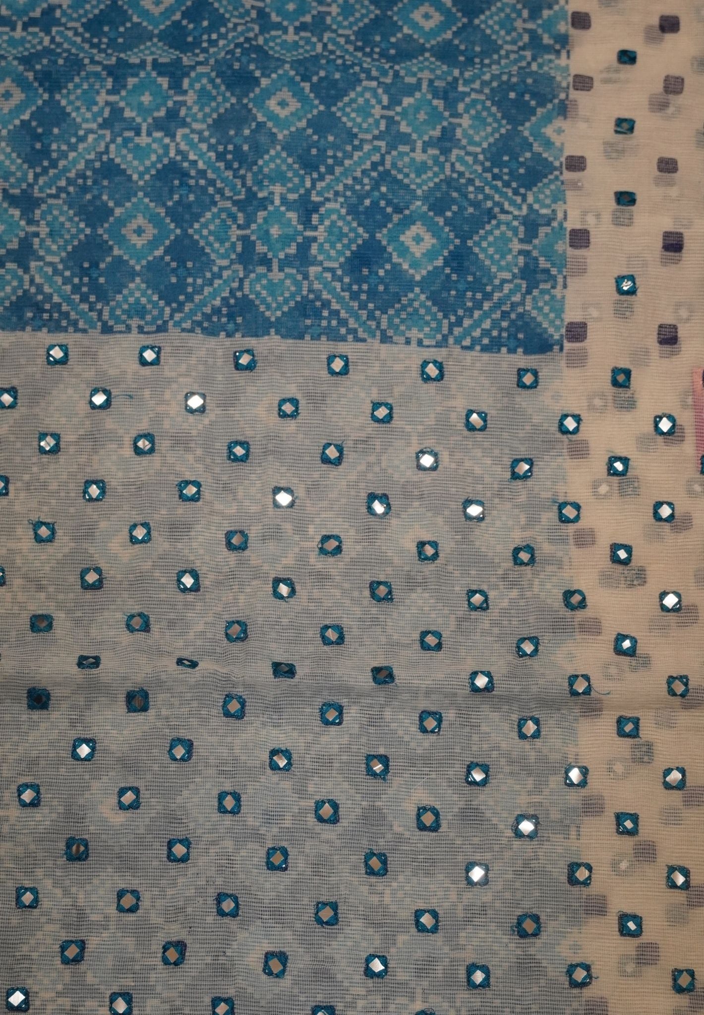 Supernet Kota Cotton Saree-Blue with Mirror Work