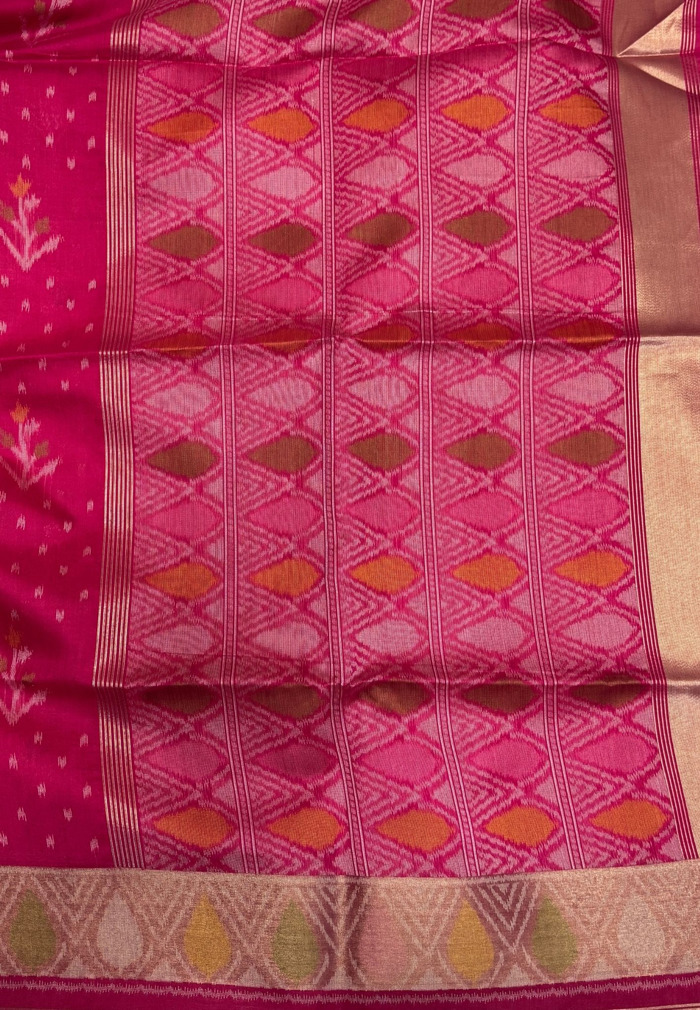 Semi Tussar Saree-Rani Pink In Geometric Ikat Butta Zari Border