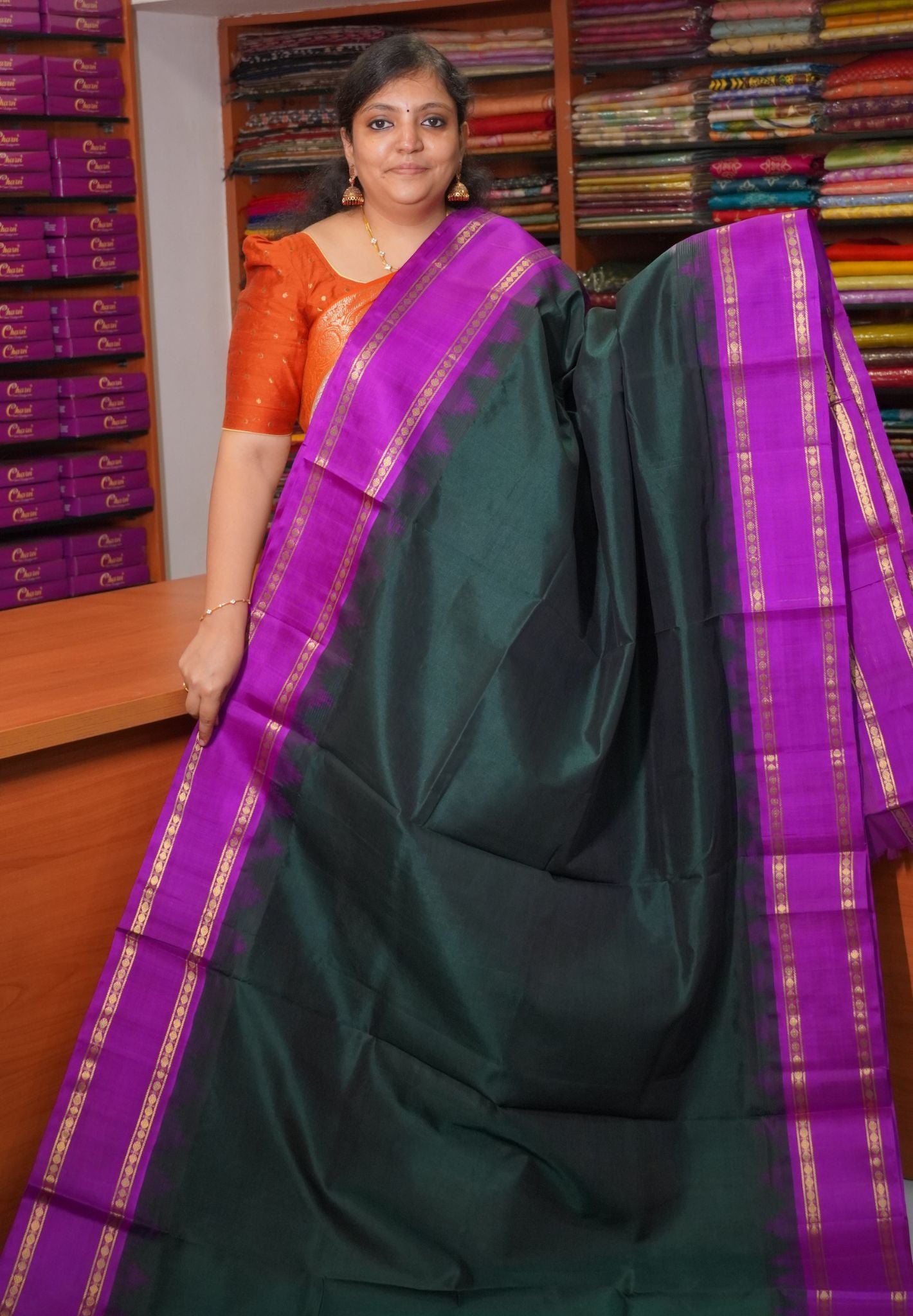 Silk Cotton Saree-Bottle Green with Magenta Retapet Border