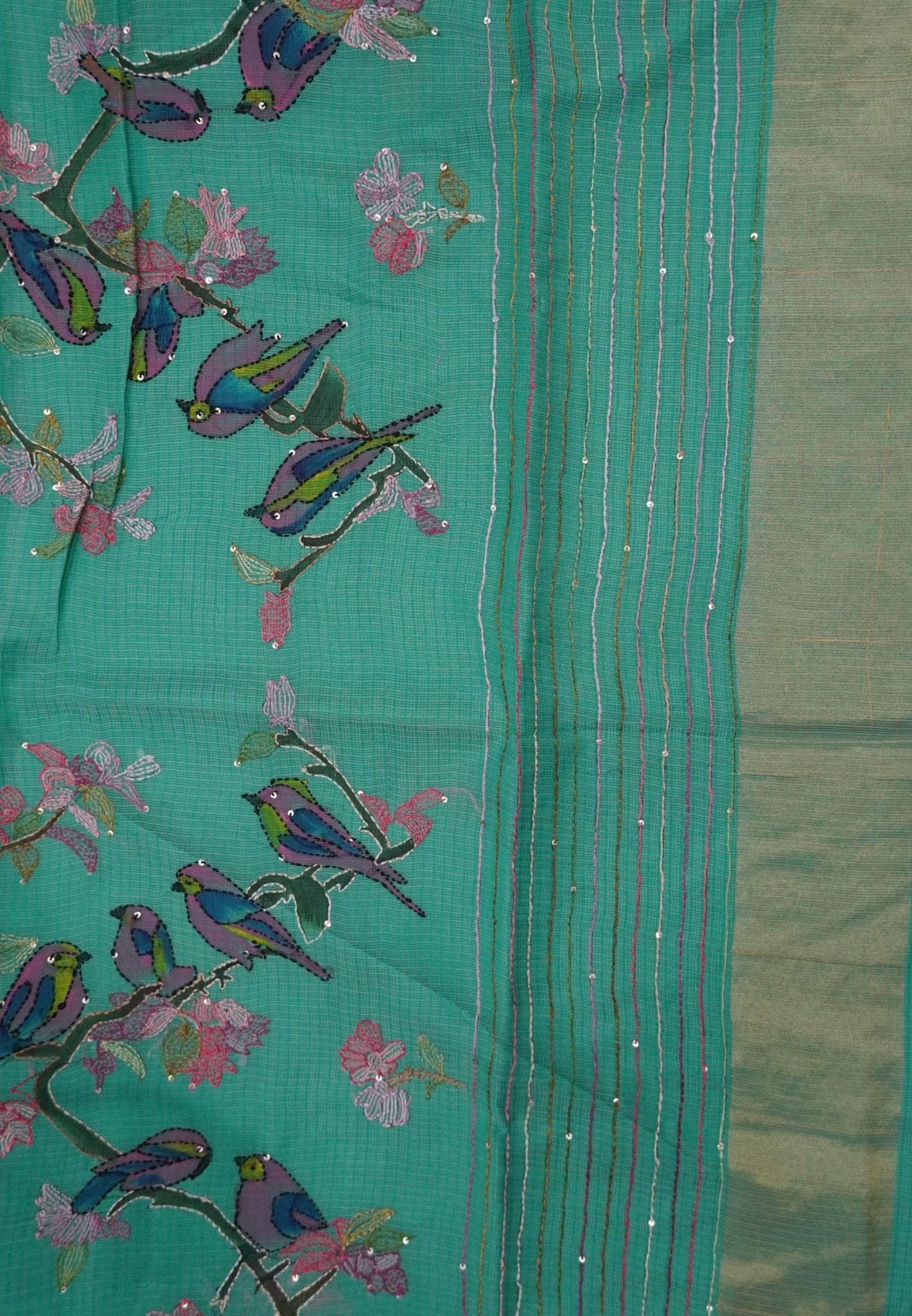 Kota Saree with Bird Embroidery Work - Green