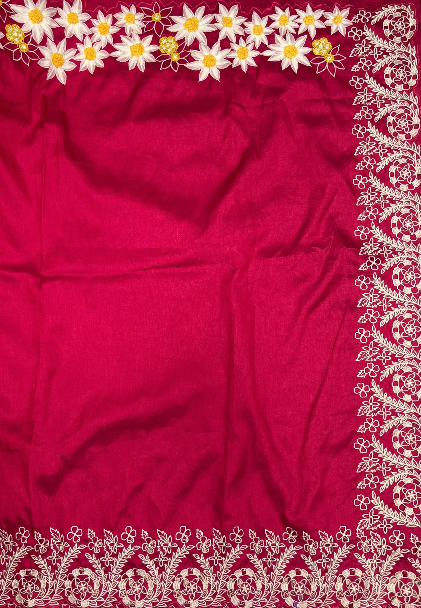 Russian Silk Saree-Redish Pink In Daisy Floral Embroidery Border