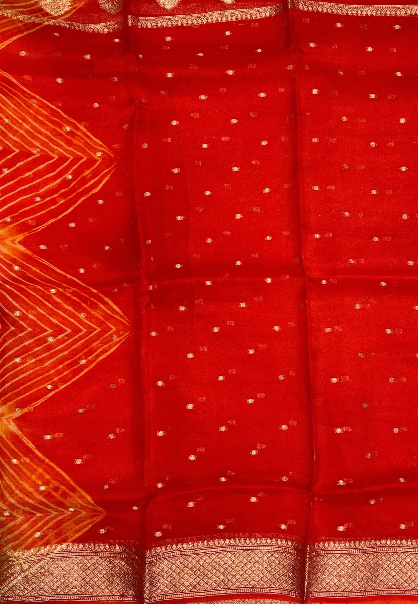 Pure Organza Tussar Saree-Orange In Paisley Leaf Zari Border With Partly Pallu