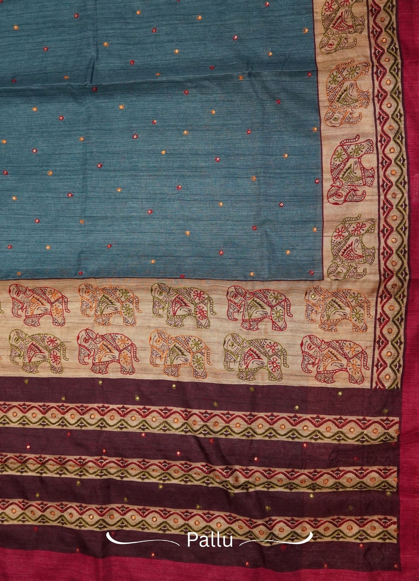 Semi Tussar Saree – Blue Pink Elephant Design