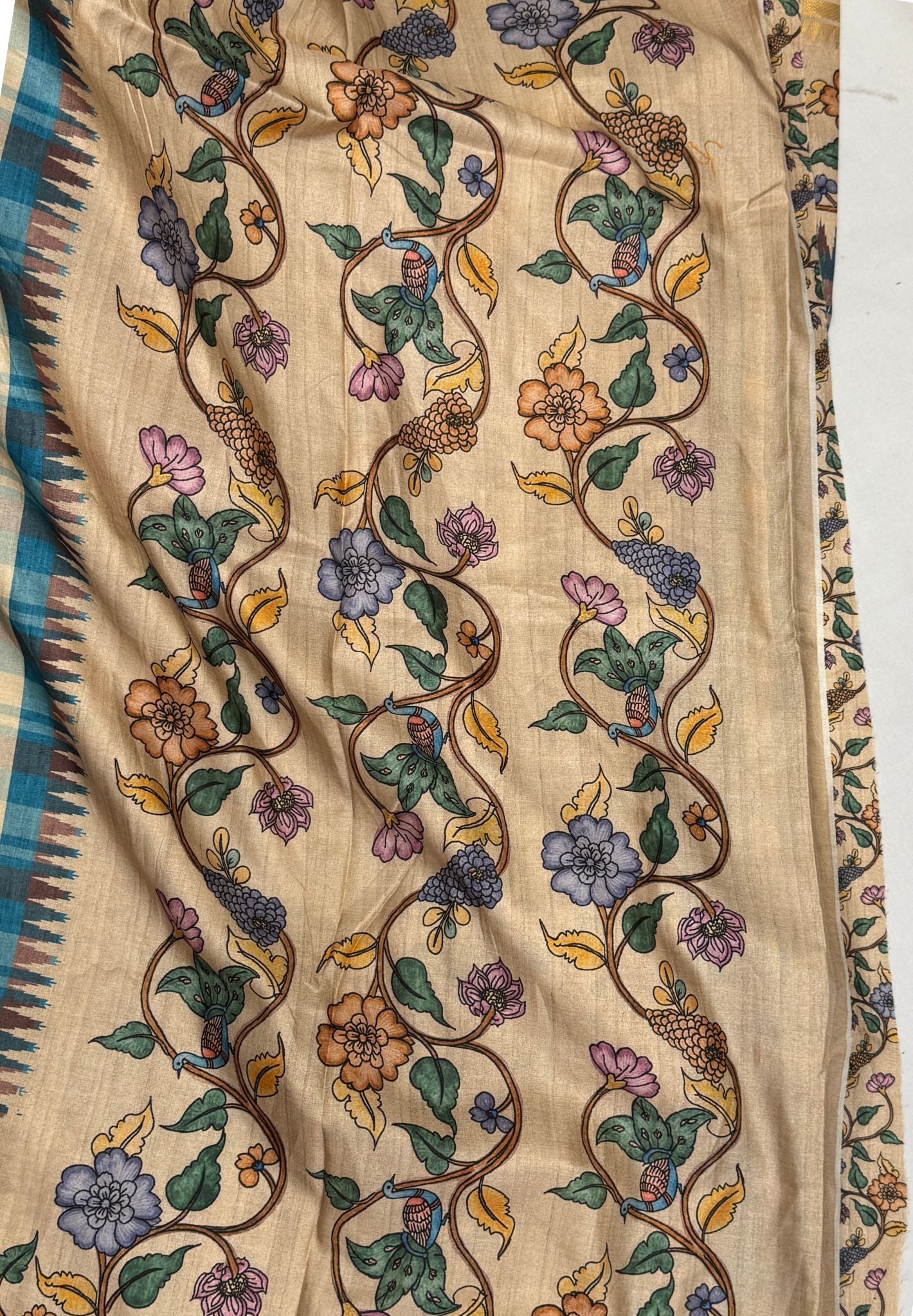 Semi Tussar Saree - Blue Madras Checks With Floral Designs