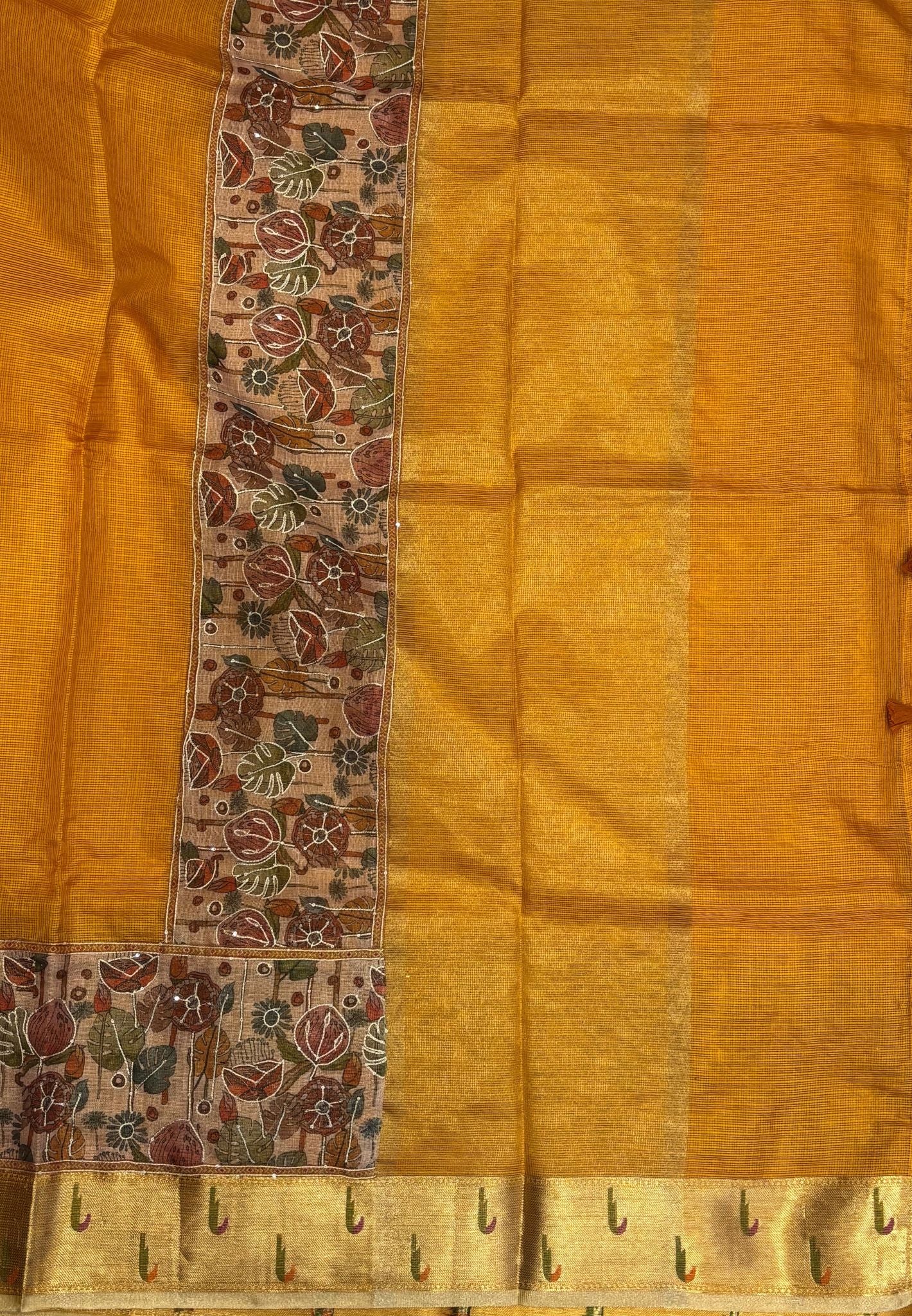 Silk Kota Saree-Mustard In Kalamkari Embroidery Border