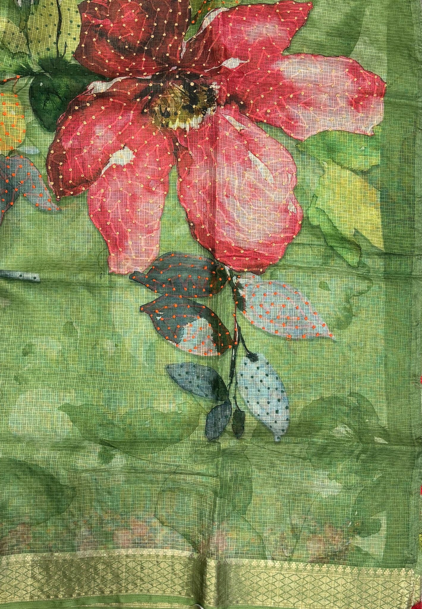 Kota Saree-Green In French Knot Floral Border