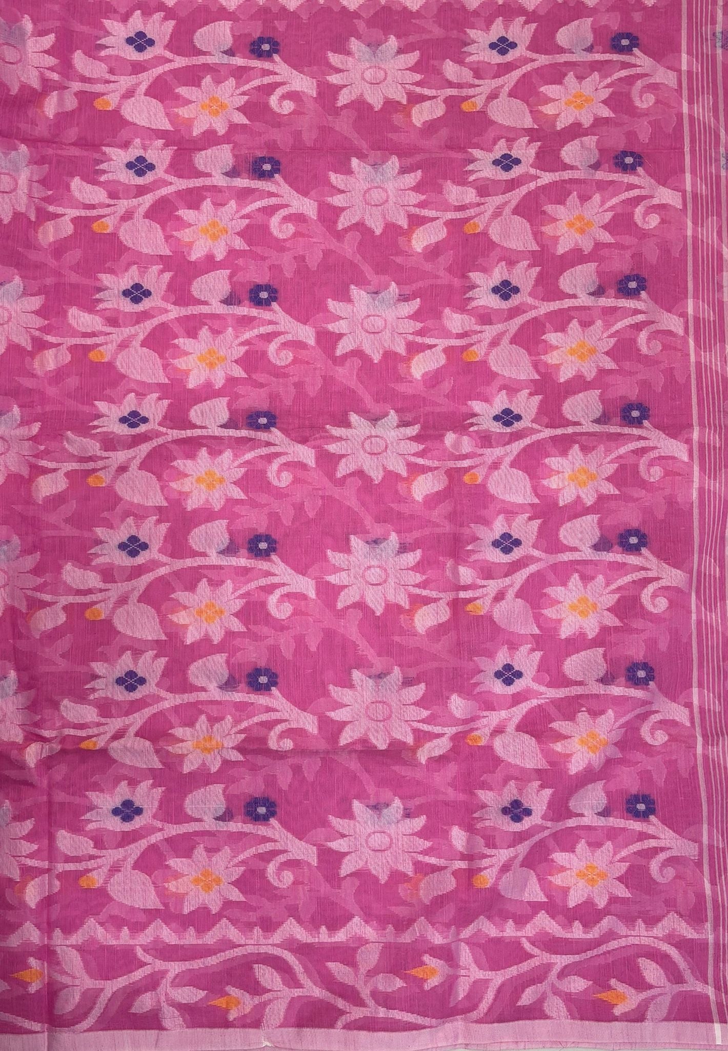 Dhakai Jamdhani Cotton Saree-Pink In Floral Vine Zari Border