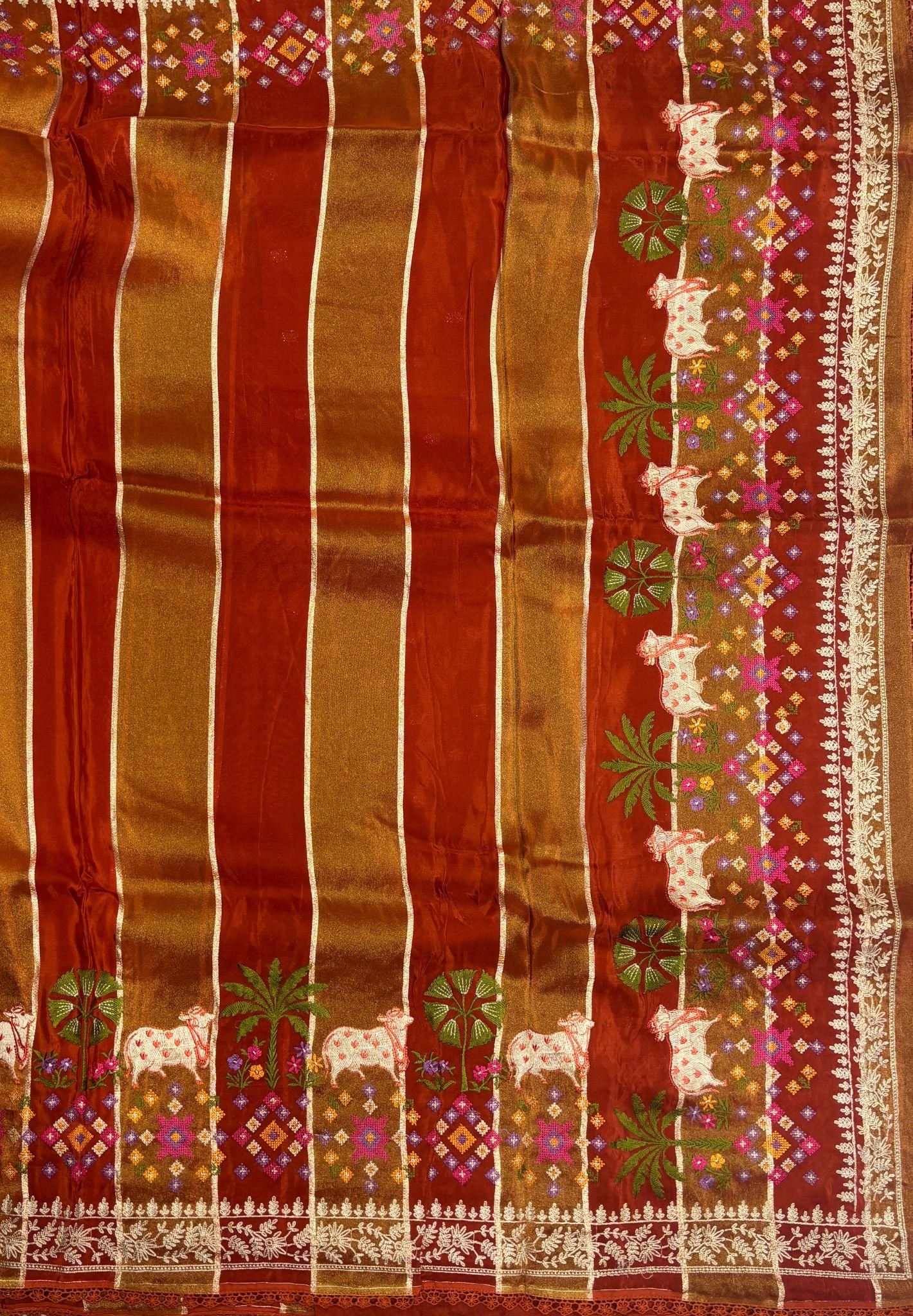 Satin Crepe Saree-Rust Orange In Komatha Floral Border