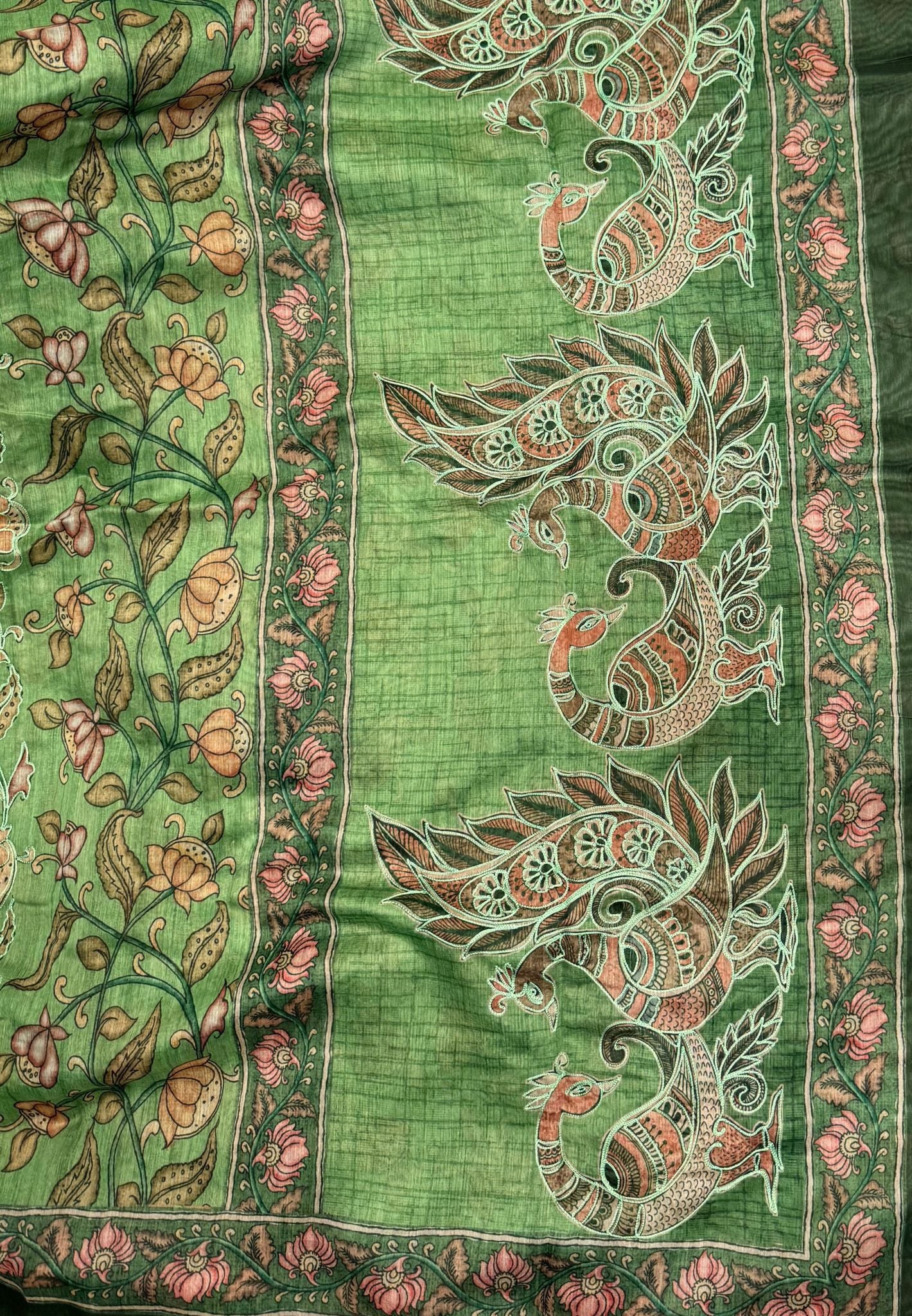 Chanderi Saree-Green In Floral Peacock Border