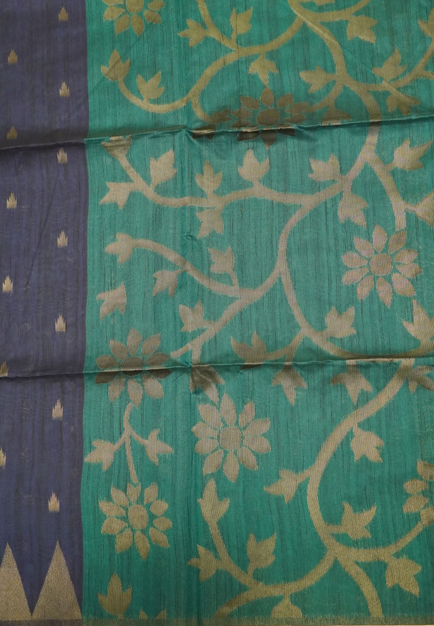 Semi Raw Silk Saree-Navy Blue in Antique Silver Zari Butta with Tower Border