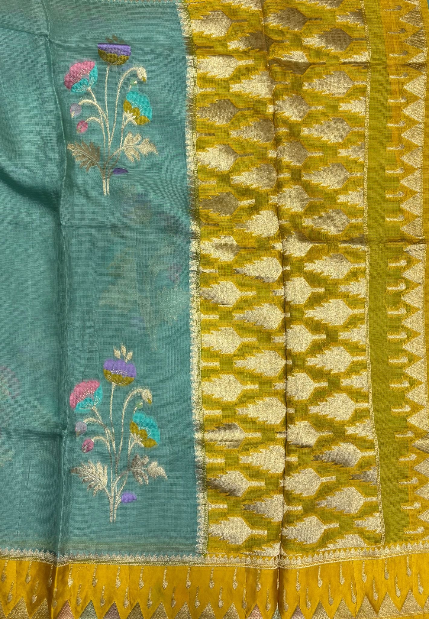 Silk Kota Saree-Sea Blue in Traditional Ikat-Inspired Zari Border