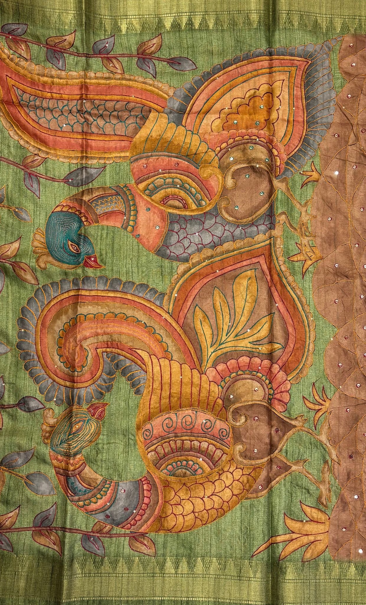 Semi Tussar Saree-Green In Twin Peacock