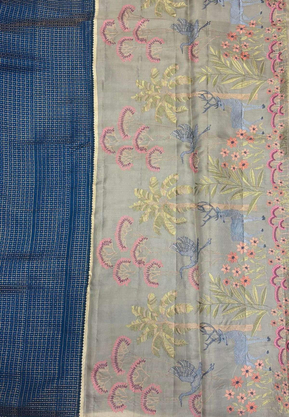 Soft Chiniya Silk Saree-Peacocok Blue in Thousand Butta Deer & Floral Border