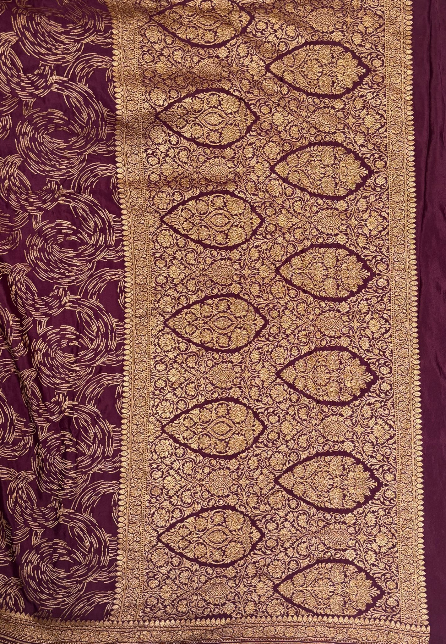 Pure Banarasi Kaddi Georgette Saree-Maroon In Paisley Floral Jaal Zari Border