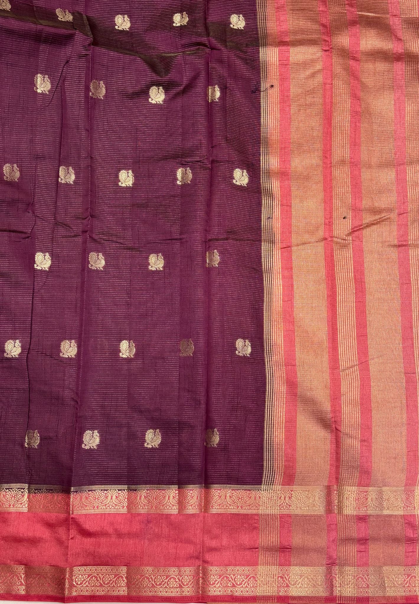 Semi Tussar Saree-Wine in Traditional Floral Zari Stripe with Contrast Border