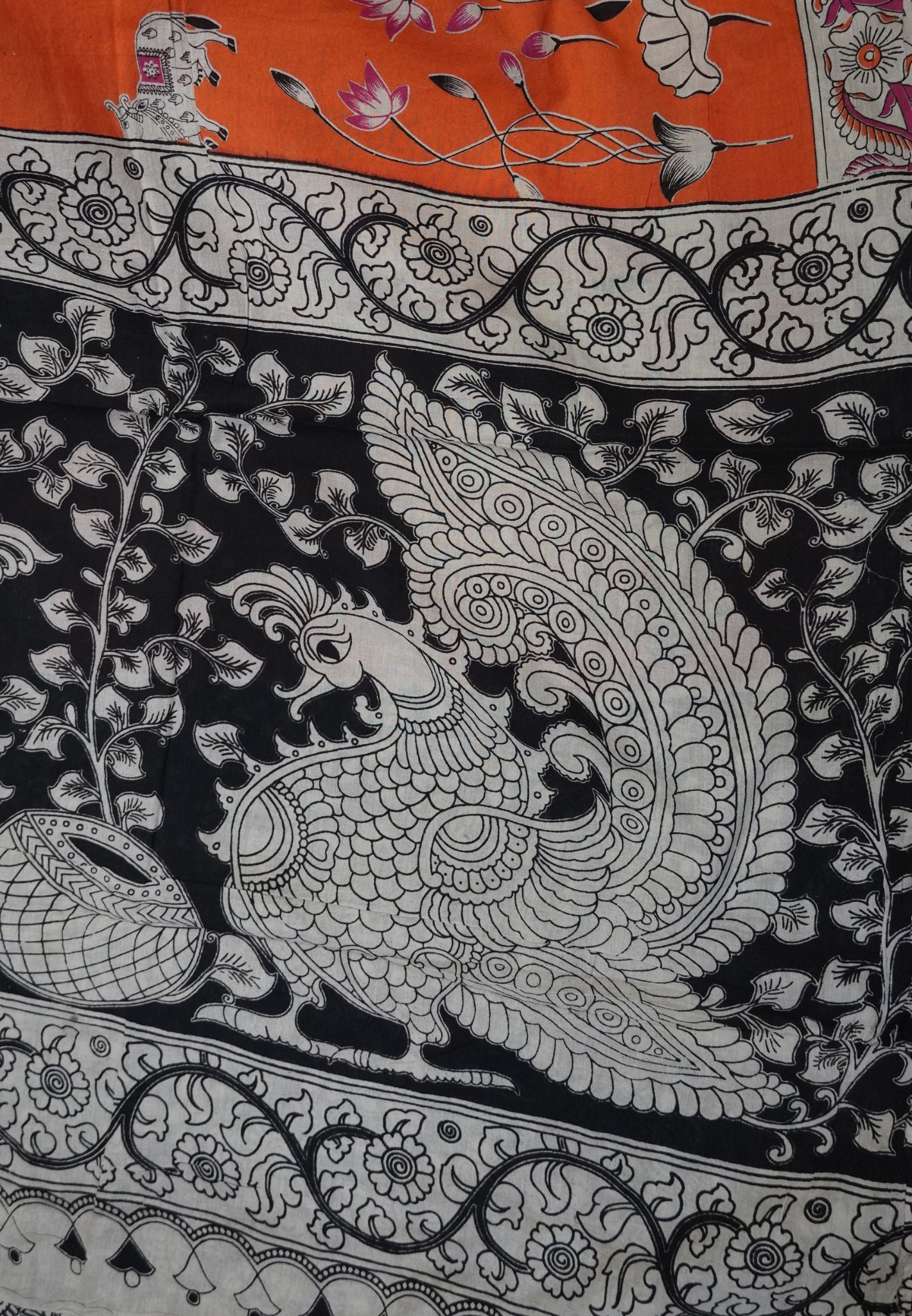 Kalamkari Cotton Saree – Traditional Art Inspired Design – Orange