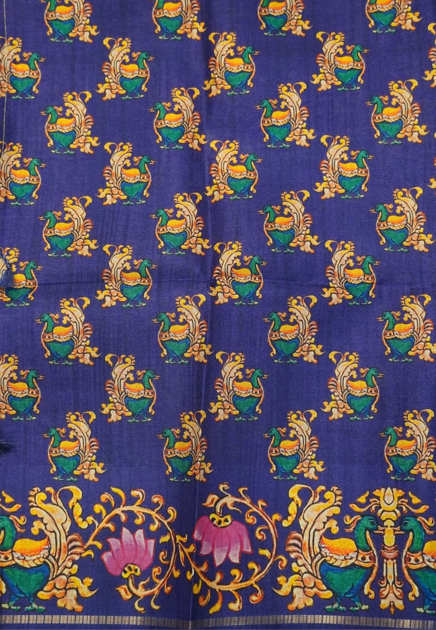 Premium Matka Tussar Saree-Olive Green with Contrast Border in Tanjore Print