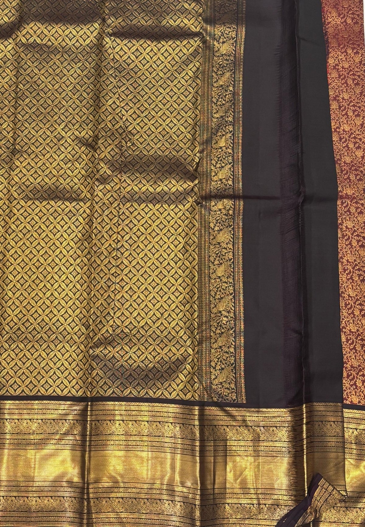 Pure Kanchipuram Silk Saree-Traditional Brown Gold Zari Panel Border with Contrast Border