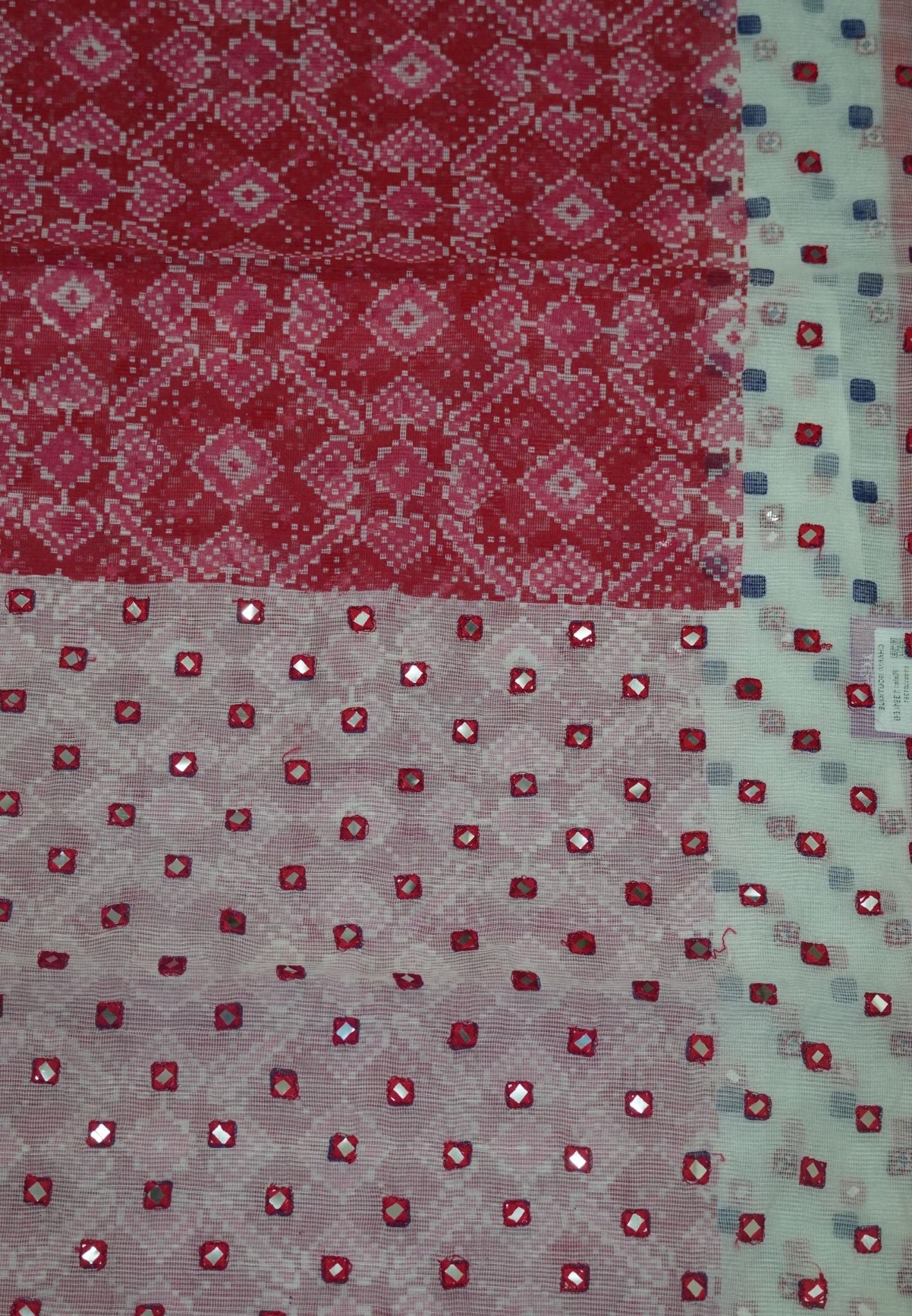 Supernet Kota Cotton Saree-Red with Mirror Work