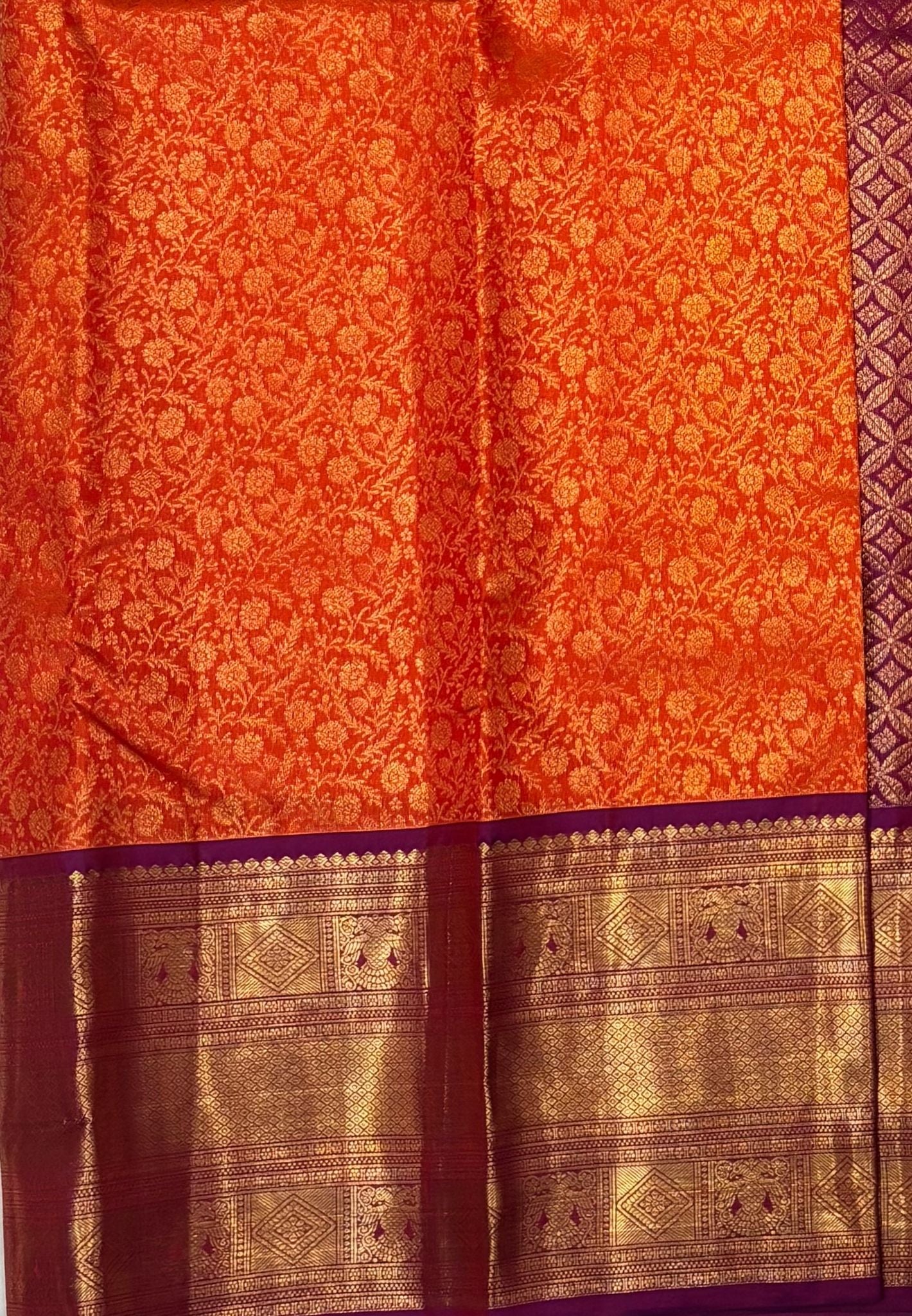 Pure Kanchipuram Silk Saree-Traditional Orange with Contrast Border