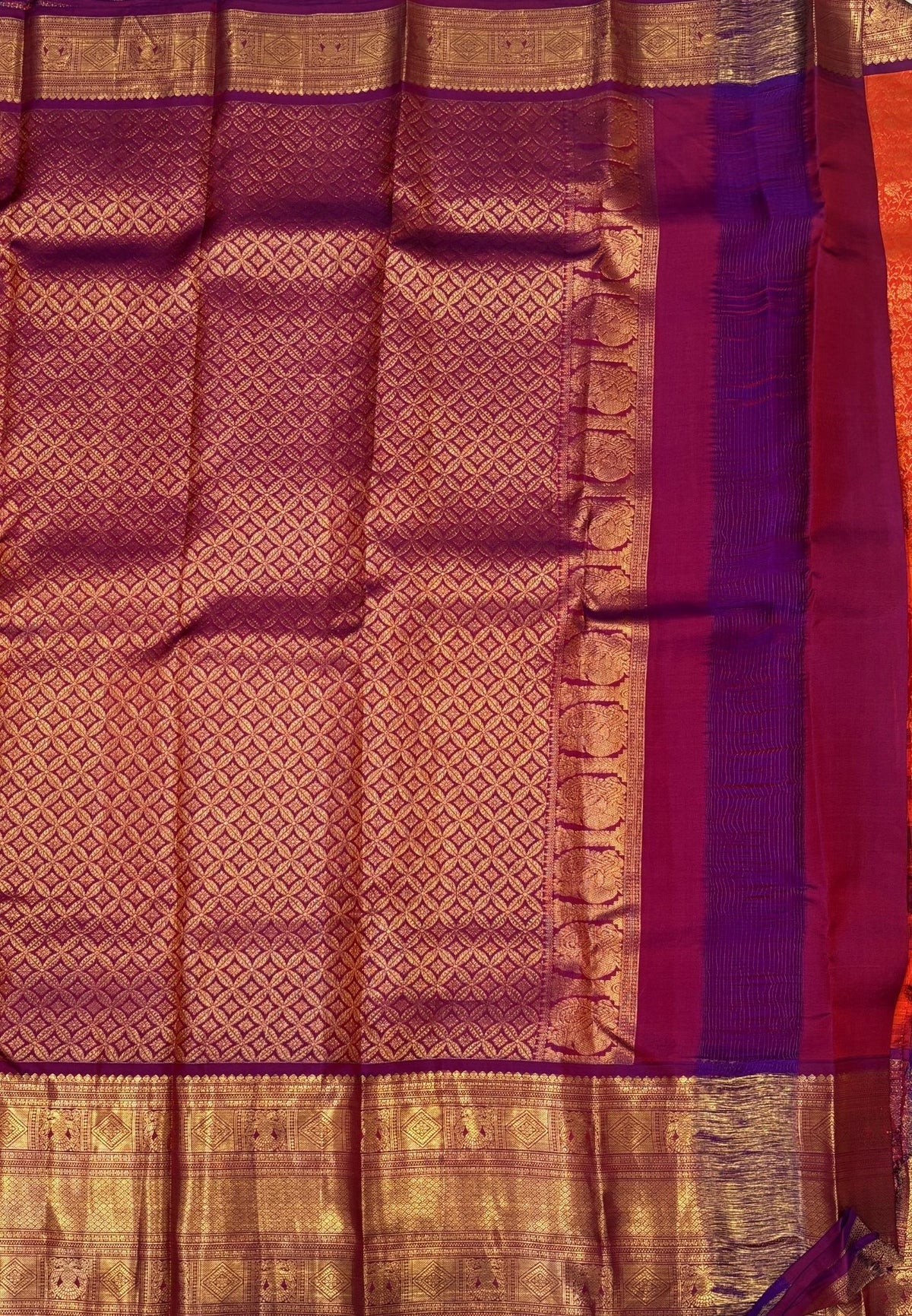 Pure Kanchipuram Silk Saree-Traditional Orange with Contrast Border