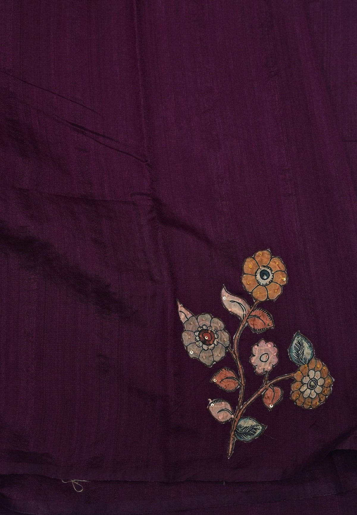 Semi Raw Silk Saree - Wine With Floral Hand-Painted Designs