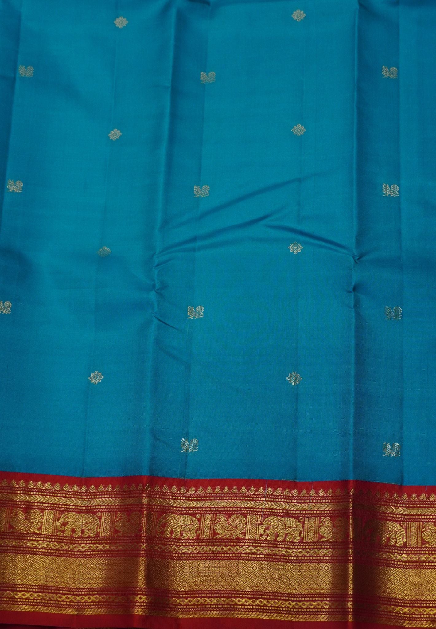 Pure Korvai Kanchipuram Silk Saree-Turquoise blue-Orange with peacock butta
