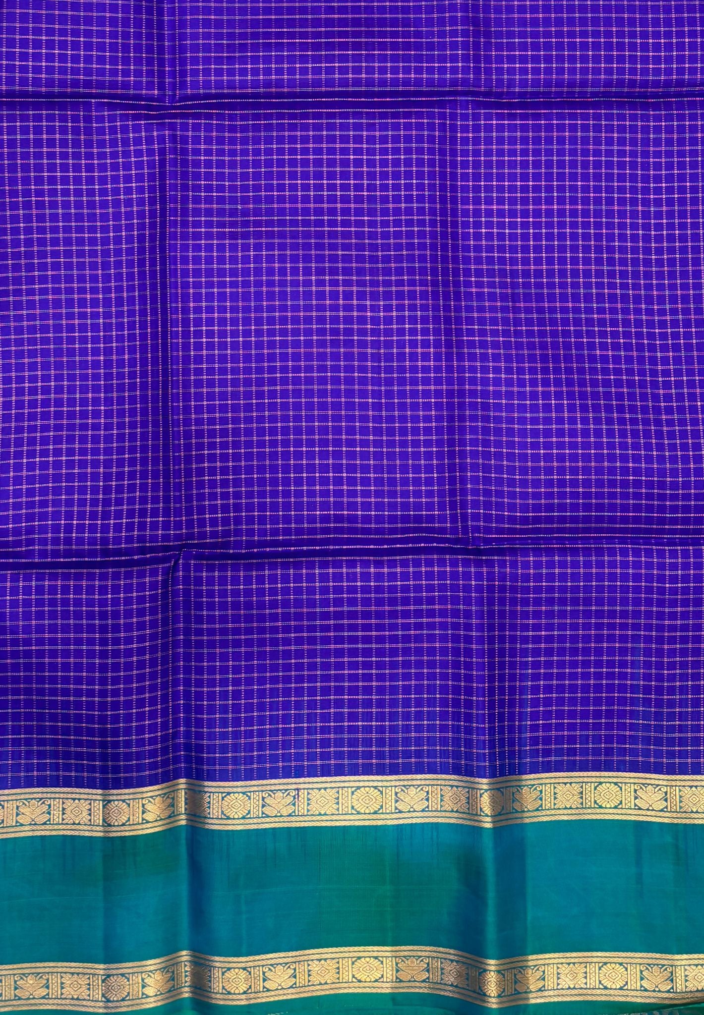 Pure Kanchipuram Silk Saree-Violet in Zari Checks with Contrast Retapet Border